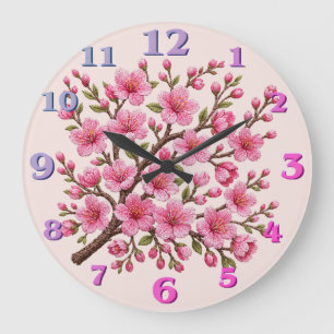 Falsche 3D-bestickte Sakura-Zweig-Illustration Große Wanduhr