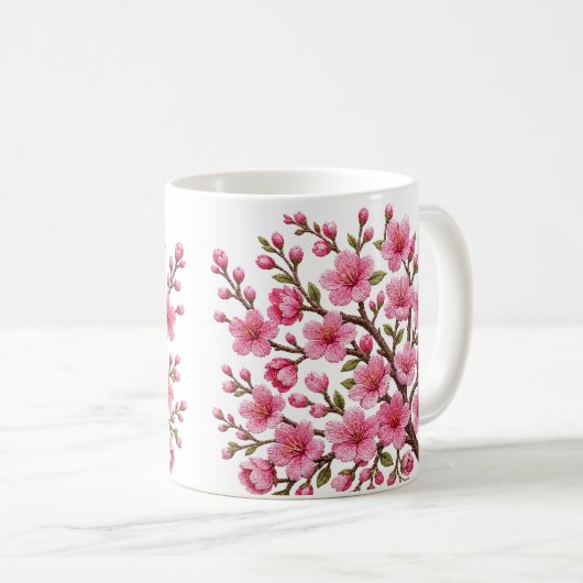 Falsche 3D-bestickte Sakura-Zweig-Illustration Kaffeetasse (VorderseiteRechts)