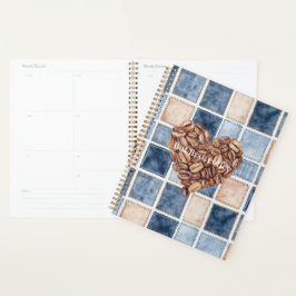 Falsche Blaue Denim Creme Erste Kaffeebohnen Herz Planer