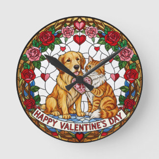Falsche Bleiglasuhr mit Hund und Katze Runde Wanduhr