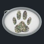 Falsche Camouflage Dog Paw Print Ovale Gürtelschnalle<br><div class="desc">Ein Camouflage Hund druckt Cartoon Stil mit beängstigenden Effekt auf das Bild angewendet. Gurtschnallen nach Maß. Geschenkidee für Hundefreunde.</div>