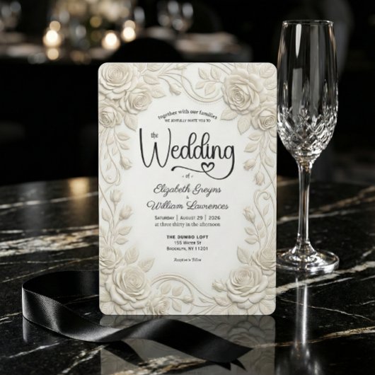 Falsche geprägte 3D-Cream-Rose-Basrelief-Hochzeit Einladung
