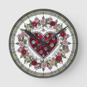 Falsche Glasmalerei-Herz- und Blumenwanduhr Runde Wanduhr