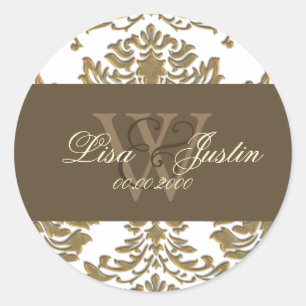 Falsche Gold-Damaskus-Monogramm-Hochzeitsaufkleber Runder Aufkleber