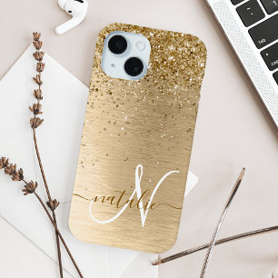 Falsche Gold gebürstete Metall Glitterdruck Monogr iPhone 15 Hülle