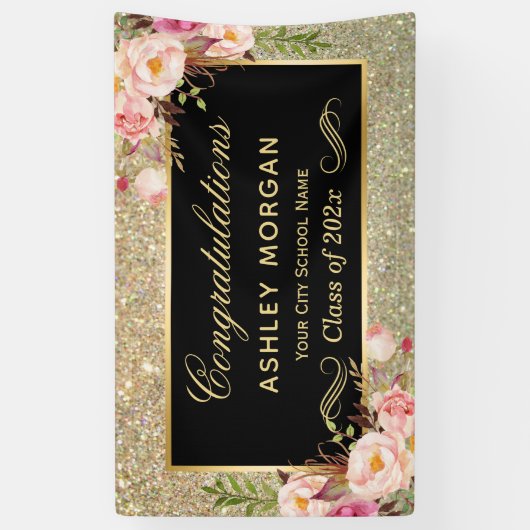 Falsche Gold Glitter Pink Floral Graduation Party Banner (Vertikal)