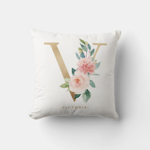 Falsche Goldfolie Floraler Buchstabe V Monogramm K Kissen