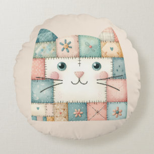 Falsche Patchwork-Pastell-Hauskatzen-Gesicht Rundes Kissen