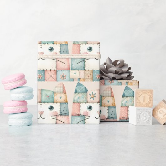 Falsche Patchwork-Pastell-Hütte-Kitty-Gesicht Geschenkpapier (Babyparty)