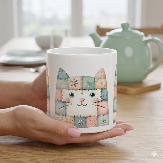 Falsche Patchwork-Pastell-Hütte-Kitty-Gesicht Kaffeetasse