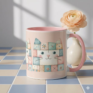 Falsche Patchwork-Pastell-Hütte-Kitty-Gesicht Rosa Tasse