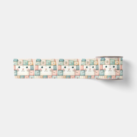 Falsche Patchwork-Pastell-Hütte-Kitty-Gesicht Satinband (Vorderseite)