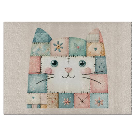 Falsche Patchwork-Pastell-Hütte-Kitty-Gesicht Schneidebrett (Vorderseite)