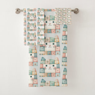 Falsche Patchwork-Pastell-Katzen-Cottage Badhandtuch Set