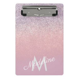 Falsche rosa und lila funkelnde Glitter-Monogramm Mini Klemmbrett