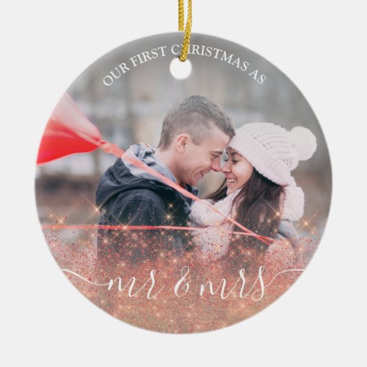 Falsche Rose Gold Glitter Mr. & Mrs. custom foto Keramik Ornament (Vorne)