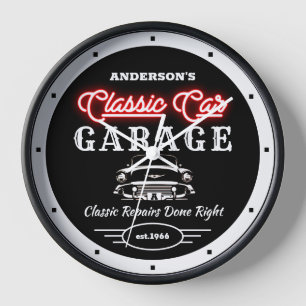 Falsche rote Neon-Klassiker-Garage Auto und Name Uhr