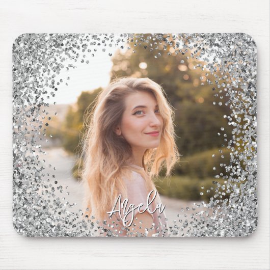 Falsche Silber-Glitter-Rundrahmen-Foto Mousepad (Vorne)
