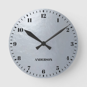 Falsche Silberfolie Metallic Grau Schwarze Zahlen Runde Wanduhr