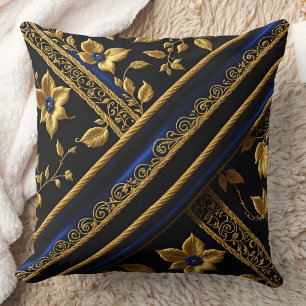 falsche Stickerei Blau Gold Blumen schwarz Kissen