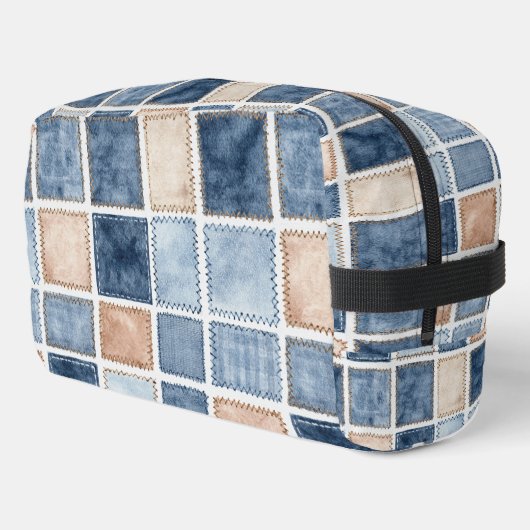 Falscher Blau-Denim & Creme Quadrate Waschbeutel (Linke Seite)