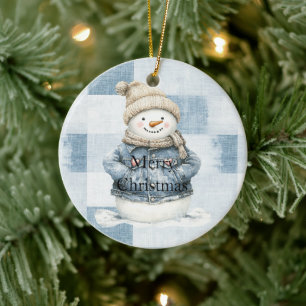Falscher Blau-Denim-Schneemann-Weihnachten Keramik Ornament