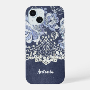 Falscher blauer Samt und simulierte Spitzensticker iPhone 15 Hülle