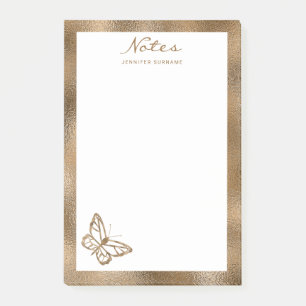 Falscher gelber Goldfolie-Schmetterling und Text Post-it Klebezettel