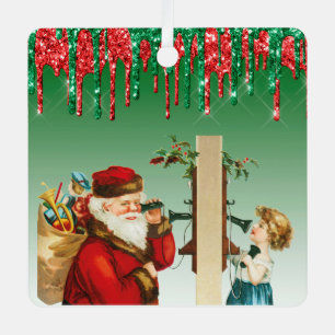 Falscher Glitter Vintage-Weihnachtsmann und Mädche Ornament Aus Metall