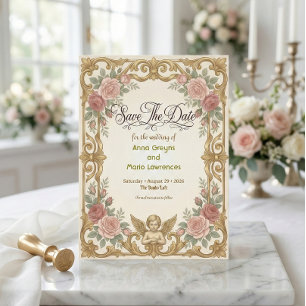 Falscher goldener, verzierter barocker Blumenrahme Save The Date