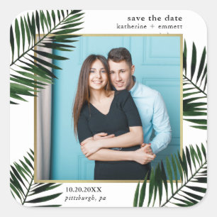 Falscher Goldrahmen und Palmenfoto Save-the-Date Quadratischer Aufkleber