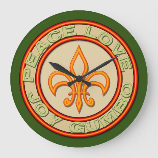 Falscher Neon Peace Joy Gumbo Fleur de Lis Große Wanduhr (Vorderseite)