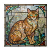 Falsches Buntglas Orange-Ginger-Tabby-Katze Kunst Fliese (Vorderseite)