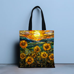 Falsches Buntglas-Sonnenblumen-Land-Sonnenuntergan Tasche