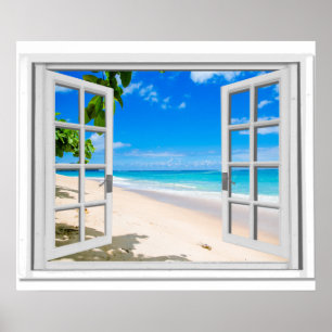 Falsches Fenster mit tropischer Strand-Ozean-Ansic Poster