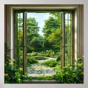 Falsches Fenster Üppige grüne Landschaft Wandkunst Poster