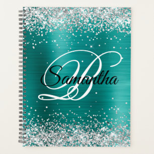 Falsches glänzendes Silber-Glitter-Aqua-Teal-Folie Planer