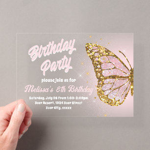 falsches Glitter-Schmetterlingsdesign Geburtstagse Acryleinladungen