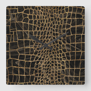 Falsches Krokodil Black Liquid Marble and Gold Quadratische Wanduhr