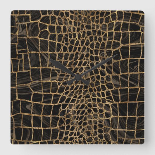 Falsches Krokodil Black Liquid Marble and Gold Quadratische Wanduhr (Vorderseite)