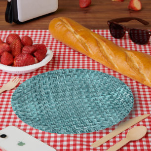Falsches Rattan Teal Türkis Zickzack Webmuster Pappteller