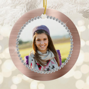 Falsches Roségold-Folien-Familienfoto-Monogramm Keramik Ornament