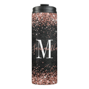 Falsches Roségold-Glitter-Schwarzes Leder Monogram Thermosbecher
