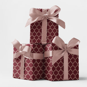 Falsches Roségold-Glitter und Burgunder-Quatrefoil Geschenkpapier