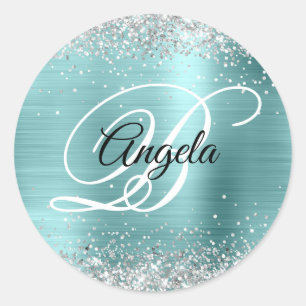 Falsches Silber-Glitter Blass Türkis Blau Monogram Runder Aufkleber