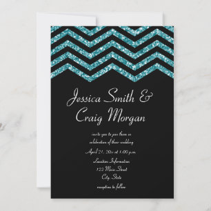 Falsches Teal- und schwarzes Glitter-Chevron-Hochz Einladung