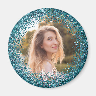 Falsches Türkis Glitter-Foto Magnet