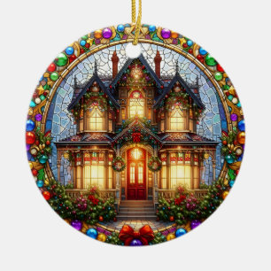Falsches viktorianisches Hausornament aus Buntglas Keramik Ornament