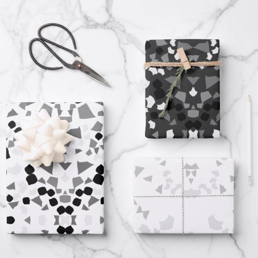 Faltblatt für schwarz-weiße Terrazzo Geschenkpapier Set (Vorderseite)