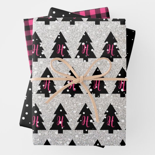 Faltblätter für Fuchsia- und Schwarz-Monogramm Geschenkpapier Set (Beispiel)